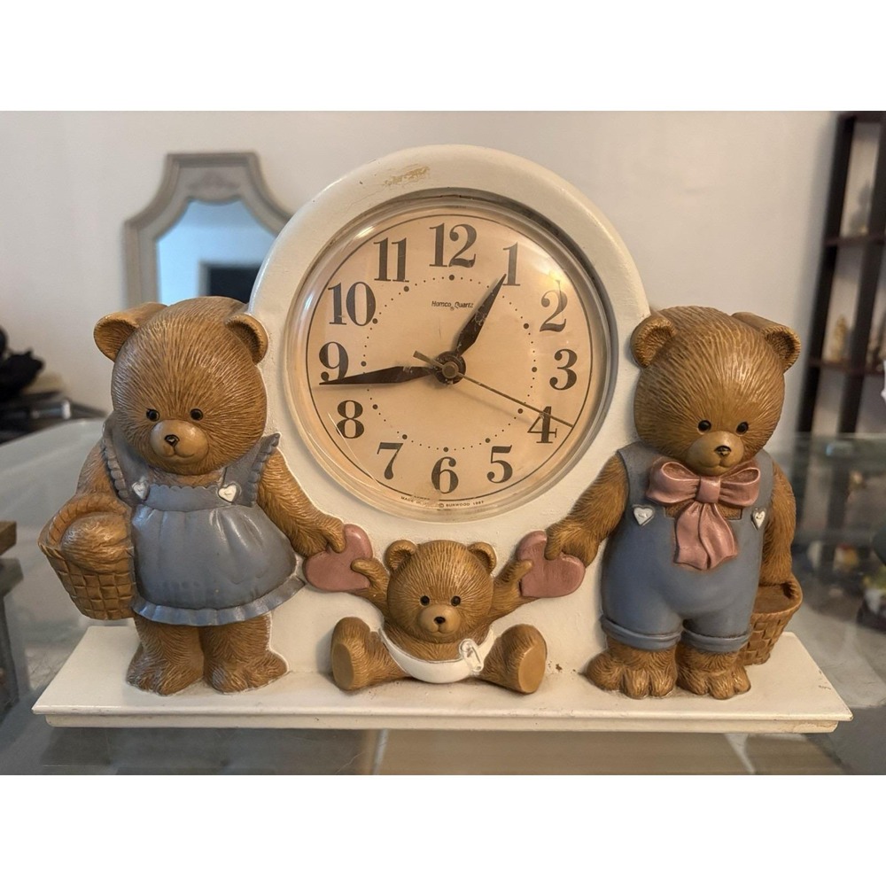 VTG 1987 Burwood Homco Teddy Bear Family Quartz Wall Shelf Clock Tested Works
